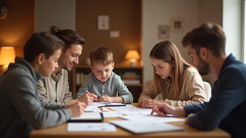 Familie sitzt am Esstisch und bespricht monatliche Ausgaben und Budget