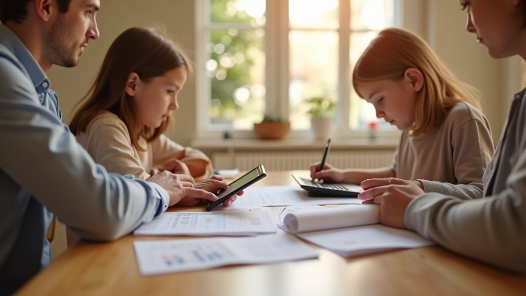 Familie sitzt zusammen und bespricht Haushaltsbudget mit Unterlagen und Taschenrechner