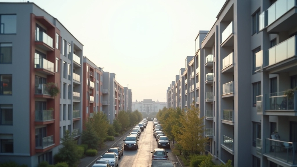 Deutsches Wohnviertel mit modernen Mehrfamilienhäusern und urbaner Wohnlandschaft