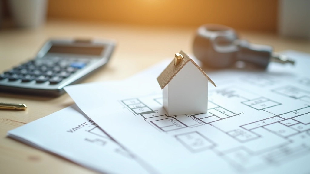 Hausschlüssel liegt auf Dokumenten mit Grundrissen und Kostenkalkulationen