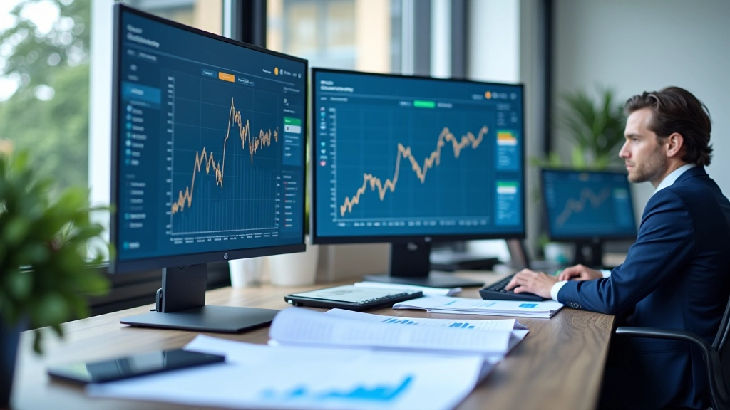 Modernes Büro mit Datenanalysen auf mehreren Monitoren und Notizen zu Immobilientrends