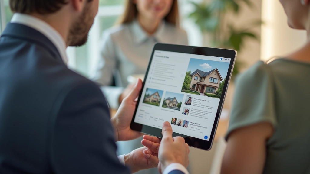 Immobilienmakler zeigt Wohnangebot auf Tablet an einen interessierten Kunden